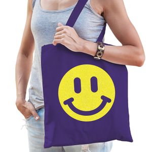 Cadeau tas voor dames - glitter smiley - paars - katoen - 42 x 38 cm - Moederdag - verjaardag - Feest Boodschappentassen