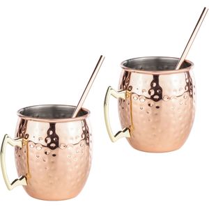 Set van 4x Cocktailbekers/cocktailglazen Moscow Mule 500 ml met drinkrietjes - Cocktailglazen