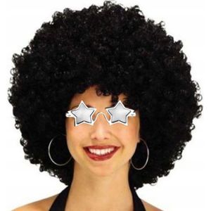 Carnaval verkleed afropruik - zwart - krullen - heren - Seventies/Disco thema - met ster zonnebril - Verkleedpruiken