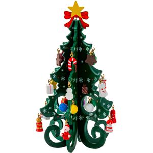 Mini kerstboompje - groen - met hangers - H19 cm - hout - kinderkamer - Houten kerstbomen