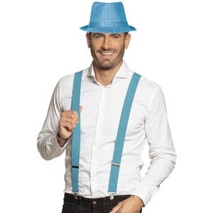 Carnaval verkleedset Partyman - glitter hoedje en bretels - lichtblauw - heren - verkleedkleding - Verkleedattributen