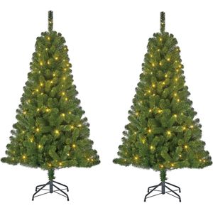 Set van 2x stuks groene kunst kerstbomen/kunstbomen met warm witte verlichting 120 cm - Kunstkerstboom