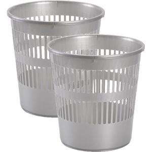 2x stuks afvalbakken/vuilnisbakken/kantoorprullenbakken plastic zilver/grijs 28 cm - Prullenmanden