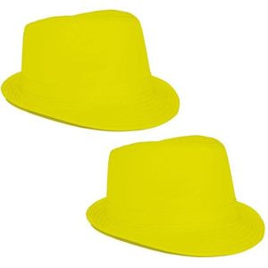 2x stuks neon geel trilby carnaval verkleed hoedje - Verkleedhoofddeksels