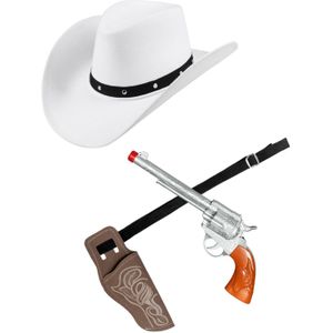 Verkleed set cowboyhoed Wichita wit - met holster en pistool - voor volwassenen - Verkleedhoofddeksels