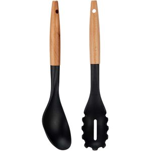 Kook/keuken gerei - set van 2x stuks - zwart/bruin - kunststof/hout - kook accessoires