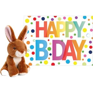 Pluche dieren knuffel konijn 12 cm met Happy Birthday wenskaart - Knuffeldier