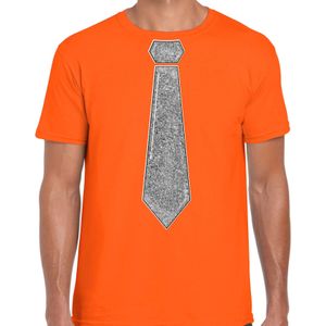 Verkleed t-shirt voor heren - stropdas glitter zilver - oranje - carnaval - foute party - Feestshirts