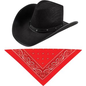 Carnaval verkleedset cowboyhoed Billy Boy - zwart - met rode hals zakdoek - voor volwassenen - Verkleedhoofddeksels