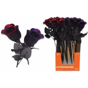 Glitter roos Halloween zwart/rood 60 cm - Feestdecoratievoorwerp