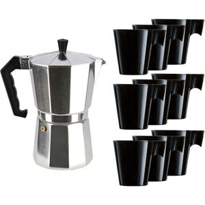 Aluminium moka/koffiemaker met 9x zwarte kopjes - Koffiezetapparaten