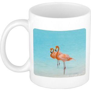 Dieren foto mok flamingo - flamingo vogels beker wit 300 ml  - feest mokken