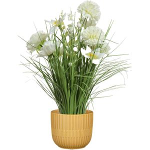 Kunstbloemen boeket wit in pot okergeel - keramiek - H40 cm