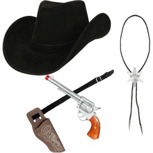 Sheriff verkleedset - 4-delig - incl hoed/holster/revolver/ketting - volwassenen - Verkleedhoofddeksels