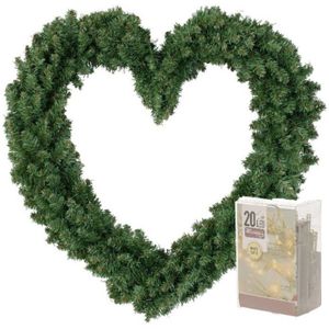 Kerstversiering kerstkrans hart groen 50 cm inclusief verlichting - Kerstkransen