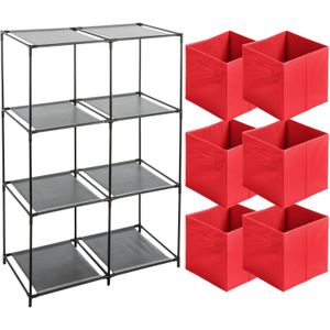 5Five Kastmandjes/opberg manden - rood - 6x stuks van 29L - Metalen rekje is 68 x 98 cm