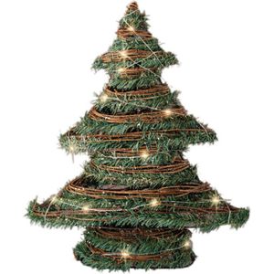 Kerstdecoratie rotan decoratie kerstboom groen met verlichting H40 cm  - Kunstkerstboom