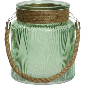 Lumineo windlicht/lantaarn met relief - glas - D14 x H16 cm - groen