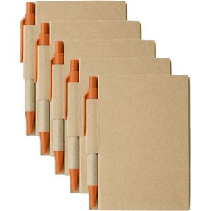 Notitie boekje/blok met balpen - 5x - harde kaft - beige/oranje - 11 x 8 cm - 80 bladzijden geliniee - Notitieboek