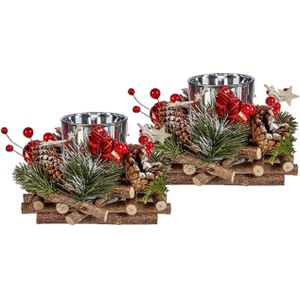 Set van 2x stuks kerst thema kaarsenhouders ornamenten red/green nature 17 cm - Waxinelichtjeshouders