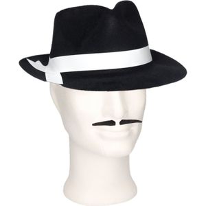 Smiffys - Gangster/Maffia verkleed set hoed zwart/wit met snorretje - Verkleedhoofddeksels