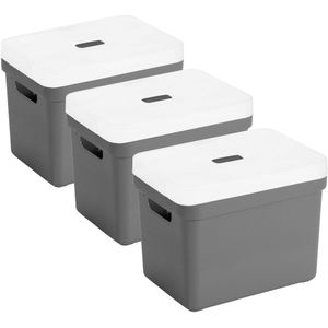 Set van 3x opbergboxen/opbergmanden antraciet van 18 liter kunststof met transparante deksel 35 x 25 x 24 cm