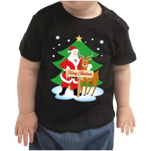 Kerstshirt Merry Christmas kerstman/rendier zwart baby jongen/me - kerst t-shirts kind