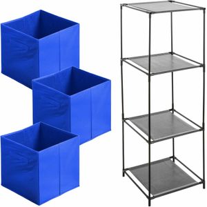 Kastmandjes/opberg manden - blauw - 3x stuks van 29 Liter - In metalen rekje van 34 x 98 cm
