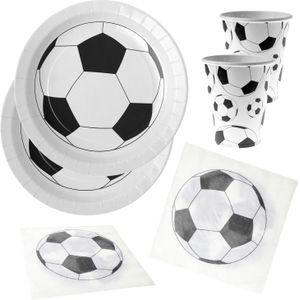 Voetbal thema feest wegwerp servies set - 20x bordjes / 20x bekers / 20x servetten - wit/zwart - Feestpakketten
