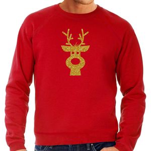 Rendier hoofd Kerst sweater / trui rood voor heren met gouden glitter bedrukking - kerst truien
