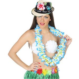Hawaii thema party verkleedset - Trilby strohoedje - bloemenkrans blauw/wit - Tropical toppers - Verkleedhoofddeksels