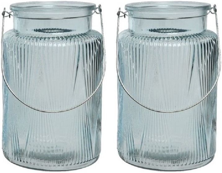2x stuks windlicht/kaarshouder van glas ijsblauw 22 cm - Windlichten