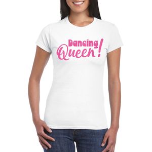 Vrijgezellenfeest verkleed t-shirt dames - Dancing Queen - wit - roze glitter - foute party - Feestshirts