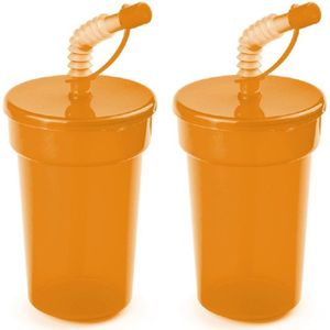 Set van 6x stuks afsluitbare plastic drinkbeker oranje 400 ml met rietje voor kinderen/peuters - Drinkflessen