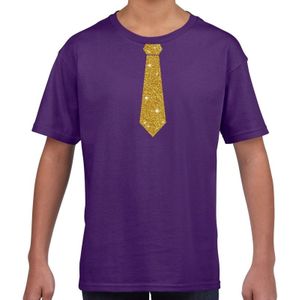 Stropdas goud glitter t-shirt paars voor kinderen - Feestshirts
