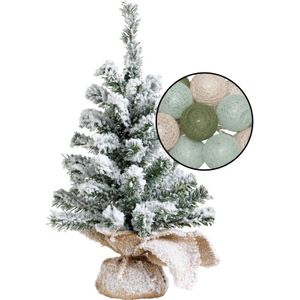 Mini kerstboom met sneeuw - incl. lichtslinger met bollen mix groen - H45 cm - Kunstkerstboom