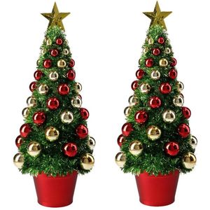 2x stuks complete mini kunst kerstboompje/kunstboompje groen/goud/rood met kerstballen 40 cm - Kunstkerstboom