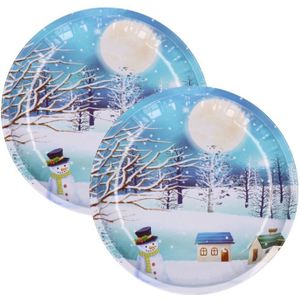 Kerst Borden - 4x St - 26 cm - Metaal - Blauw met Sneeuwpop - Kerstservies Kerst Bordjes