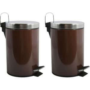 MSV Prullenbak/pedaalemmer - 2x - metaal - donkerbruin - 3 liter - 17 x 25 cm - Badkamer/toilet
