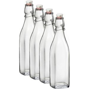Bormioli Rocco beugelfles/weckfles - 4x - 1 liter - glas - vierkant - water/olie/azijn/sapjes - Weckpotten
