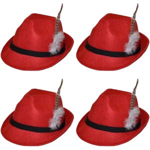 4x stuks rood Tiroler hoedje verkleedaccessoire voor volwassenen - Verkleedhoofddeksels