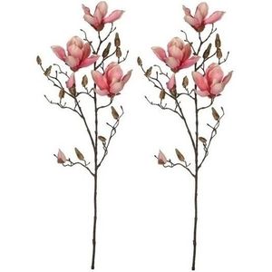 Mica Decorations Kunstbloem - 2x - magnolia beverboom - roze - 80 cm - kunsttak - Kunstplanten