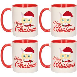 Set van 4x stuks Merry Christmas kerstcadeau kerstmokken rood met ginger kat 300 ml - Bekers