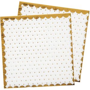 Feest servetten - stippen - 40x stuks - 25 x 25 cm - papier - wit/goud - Feestservetten