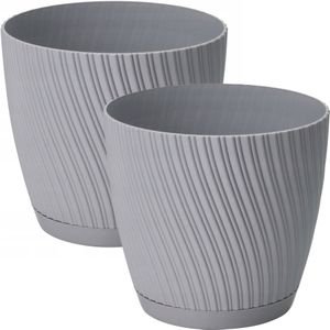 Form Plastic Plantenpot/bloempot Waves - 2x - kunststof - platina grijs - D19 x H17 cm - Plantenpotten
