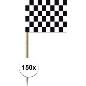 150x Zwart/witte finish vlag cocktailprikkertjes/kaasprikkertjes 8 cm - Cocktailprikkers
