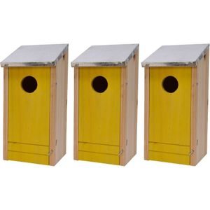 3x Gele houten vogelhuisjes 26 cm - Vogelhuisjes