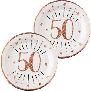 Verjaardag feest bordjes leeftijd - 20x - 50 jaar - rose goud - karton - 22 cm - rond - Feestbordjes