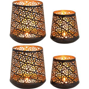 4x Theelichthouders/waxinelichthouders windlichten set metaal zwart/goud 10 en 14 cm - Waxinelichtjeshouders