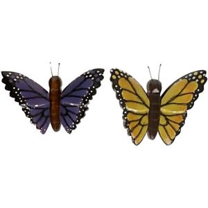 2x magneet hout gele en paarse vlinder - Magneten